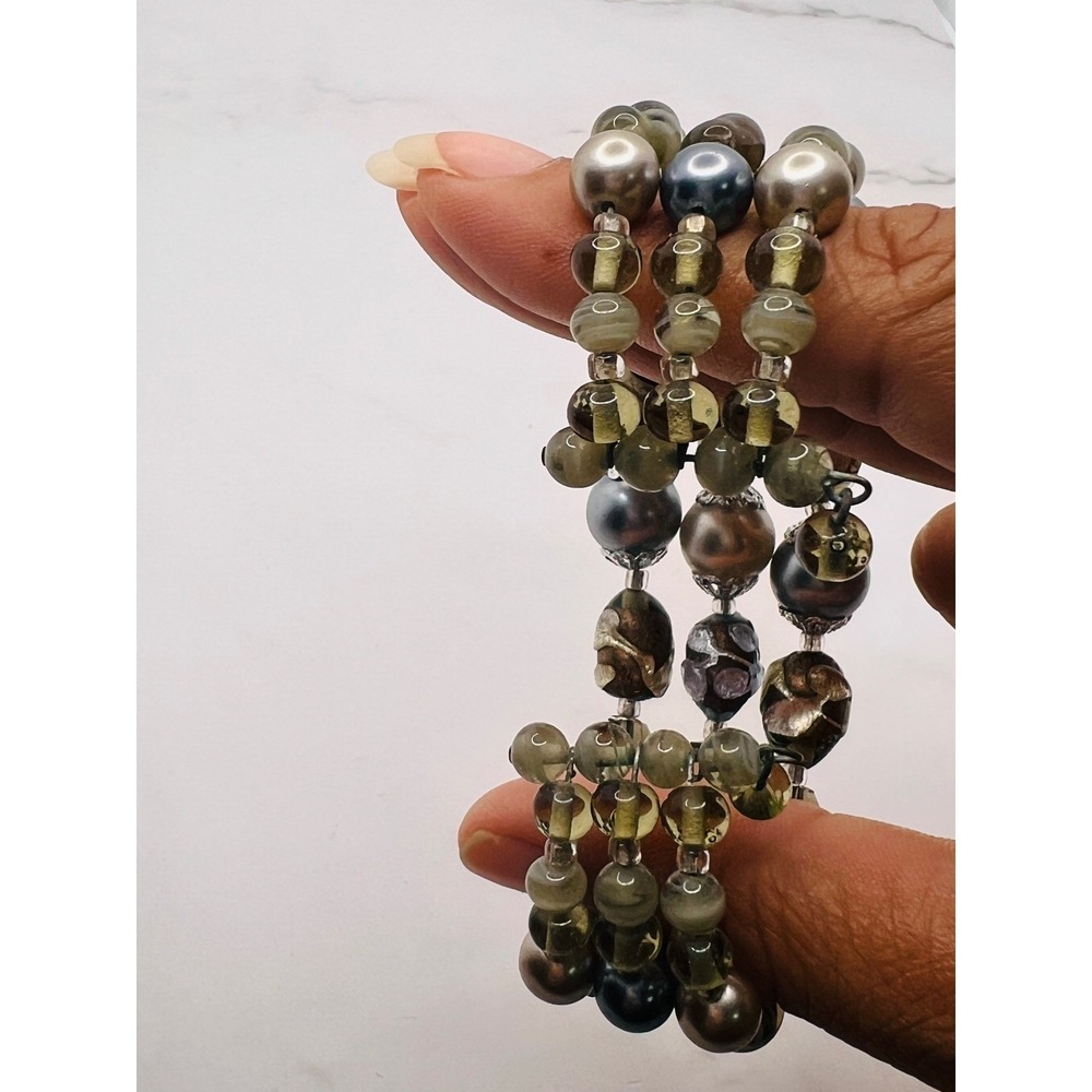 Multi Strand Memory Wire Wrap Bracelet Faux Pearl Art Glass Beads Earthy Tones - Picture 3 of 3